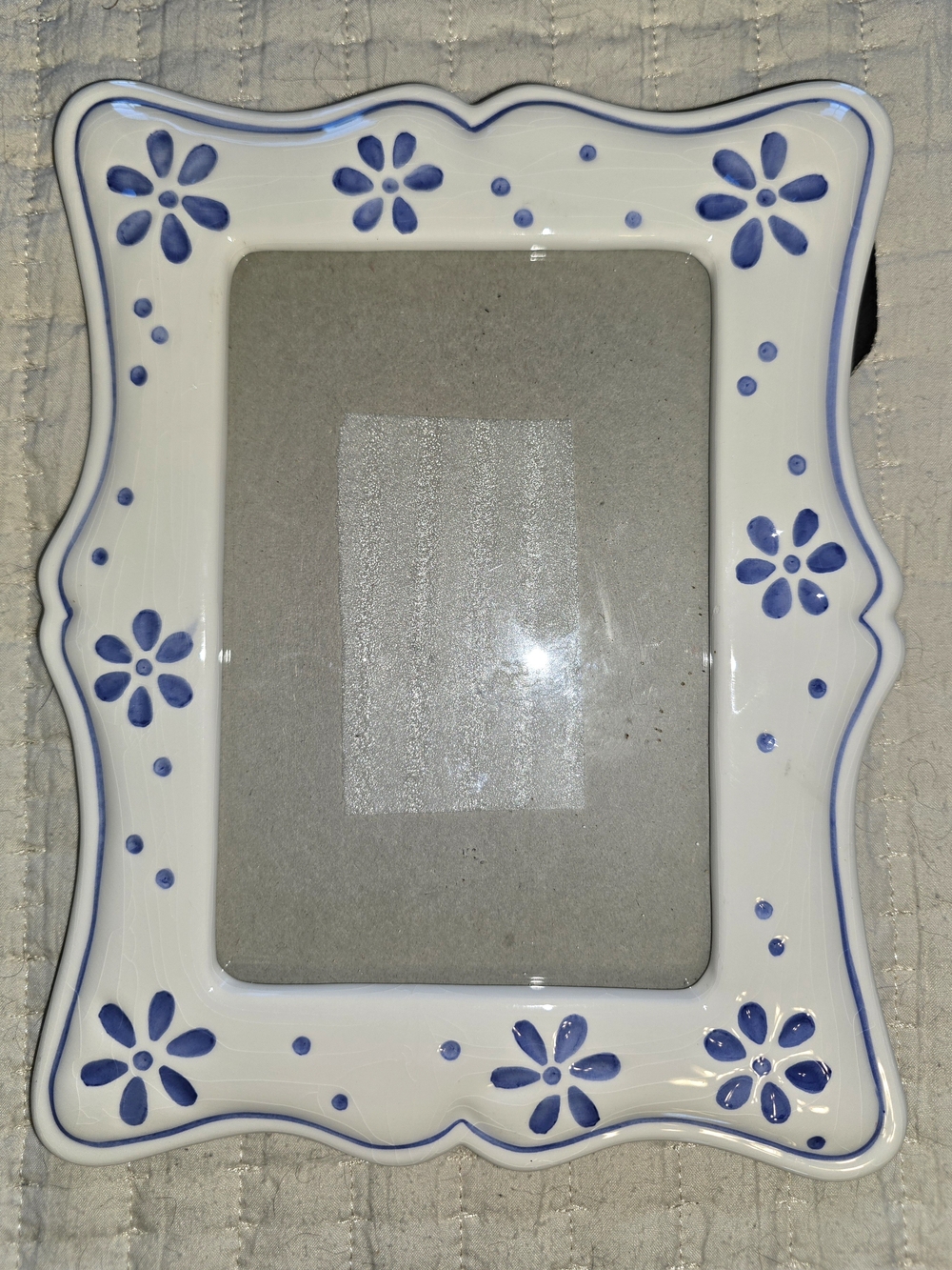 Fetco 1990's Vintage White Ceramic Photo Frame with Blue Floral Motifs